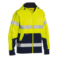 Yellow and navy hi vis zip-up fleece hoodie with dual silver reflective tape bands, front zip pockets