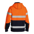 Orange and navy two-tone hi vis hoodie rear view with dual reflective tape bands and hood