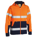Orange and navy two-tone full-zip hi vis hoodie with reflective tape bands and drawstring hood