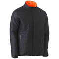 Charcoal reversible puffer jacket with orange interior visible at collar and contrasting white zipper pockets