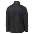 Back view of a black quilted puffer jacket with horizontal stitch panels and stand collar