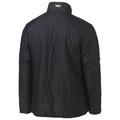 Black quilted puffer jacket rear view with horizontal baffle panels and stand-up collar, Bisley branding at nape
