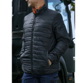 Man wearing black quilted puffer jacket with orange inner lining visible at collar, zip front, side pockets