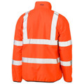 Rear view of hi-vis orange puffer jacket with silver reflective tape across shoulders, chest, and sleeves