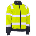 Yellow and navy hi vis bomber jacket with silver reflective tape bands and full-length zip