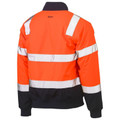 Hi-vis orange bomber jacket with silver reflective tape and charcoal contrast trim, rear view showing taped shoulders and back panel