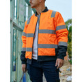 Hi-vis orange bomber jacket with silver reflective tape and navy contrast panels, featuring ribbed cuffs and collar