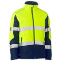 Yellow and navy two-tone hi vis puffer jacket with dual reflective tape bands and zip front, packshot view