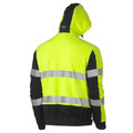 Hi-vis safety hoodie with fluorescent yellow upper, black lower panel, silver reflective tape, and black contrast sleeves