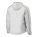 Light grey marle fleece hoodie with black contrast piping along raglan sleeves and hood, shown from back
