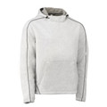 Light grey marle fleece hoodie with black piping detail on sleeves and shoulders, featuring kangaroo pocket and hood