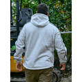 Back view of grey marle fleece hoodie with hood up, showing white contrast piping along sleeves