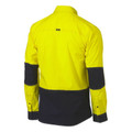 Back view of hi vis long sleeve utility shirt in yellow and navy two-tone with articulated elbow panels