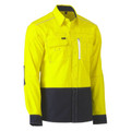 Yellow and navy two-tone hi vis utility shirt with chest pockets, reflective piping, and button front