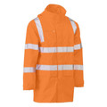 Hi vis orange wet weather jacket with white reflective tape bands across chest, waist and sleeves, zip front and storm collar