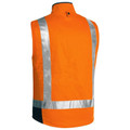Back view of hi vis orange and navy sleeveless vest with silver reflective tape strips and stand collar