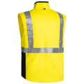 Back view of hi vis yellow and navy sleeveless vest with silver reflective tape cross-back and waist band