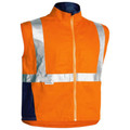 Hi-vis orange vest with silver reflective tape and navy collar, featuring full front zipper and contrast panels