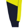 Navy and hi-vis yellow fleece hoodie leg detail showing contrast colour panels with visible stitching