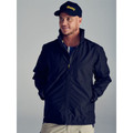 Navy lightweight waterproof jacket with concealed hood and full-length zip, worn with matching cap