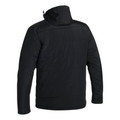 Rear view of black quilted puffer jacket with adjustable hood and zip closure