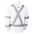 White quarter-zip pullover with grey reflective X-back tape and sleeve bands, rear view showing hi-vis safety features