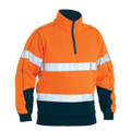 Hi-vis orange fleece pullover with reflective tape, navy contrast collar and lower panel, quarter zip