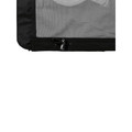 Close-up of black soft shell vest hem corner showing grey mesh lining and black zip puller detail