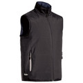 Charcoal quilted puffer vest with zip chest pocket, stand collar, and navy reverse lining visible at armhole