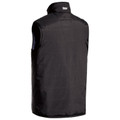 Back view of black quilted puffer vest with stand collar, sleeveless cut and stitched channel panels