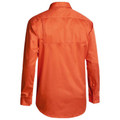 Orange hi-vis drill shirt back view showing long sleeves, collar and upper yoke panel with button closure