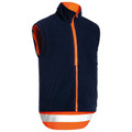 Navy fleece vest with orange contrast zipper and collar, featuring orange shoulder panels and reflective silver tape at hem