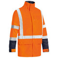 Hi-vis orange rain jacket with silver reflective tape and navy contrast panels at collar and cuffs