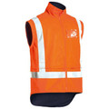 Hi-vis orange vest with reflective tape stripes and navy contrast collar, chest pocket with ID window