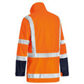 High visibility orange jacket with silver reflective tape and navy sleeves, rear view showing X-back tape pattern