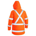 Rear view of a hi-vis orange quilted puffer jacket with hood and silver reflective X-back and waist tape