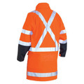 Back view of orange hi vis rain coat with reflective X-tape, navy lower sleeves and horizontal tape bands