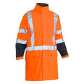 Orange and navy hi vis rain coat with silver reflective tape, zip front, stand collar, and lower patch pockets