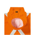 Hi vis orange rain jacket hood detail with reflective silver tape, drawstring toggle and pink inner lining