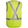Hi-vis yellow safety vest with silver reflective X-back tape and horizontal waist stripe, back view