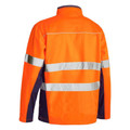 Back view of orange and navy hi vis soft shell jacket with dual silver reflective tape bands and contrast side panels