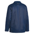Back view of a navy drill work jacket with button cuffs, yoke seam, and side pockets