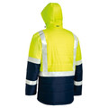 High visibility yellow and navy puffer jacket with hood, featuring reflective silver tape across shoulders and arms, back view