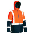 Hi-vis orange and navy puffer jacket with white reflective tape on shoulders, chest, and sleeves, featuring hood and front zip