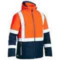 Orange and navy puffer jacket with reflective silver tape, adjustable hood, and full-length zipper