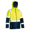 Yellow and navy hi vis puffer jacket with hood, silver reflective tape across chest and lower sleeves