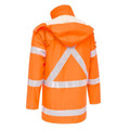Fluorescent orange hi-vis rain jacket with reflective silver X-back tape and horizontal stripes, rear view with hood