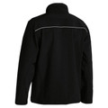 Back view of black soft shell jacket with reflective piping across shoulder yoke and stand collar