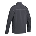 Charcoal soft shell jacket rear view with reflective piping across upper back yoke