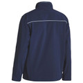 Navy soft shell jacket rear view with white reflective piping across upper back and stand collar
